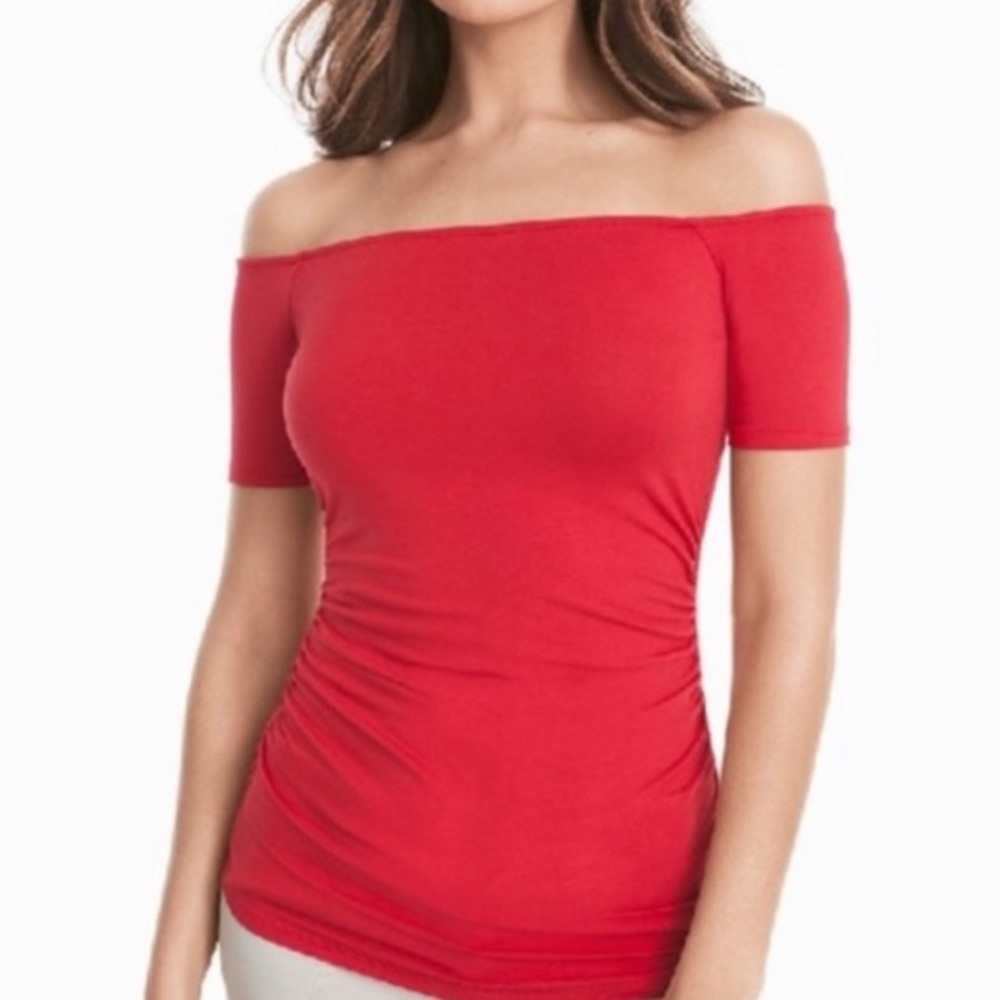 White House Black Market Off Shoulder Top Blouse Coral Stretch Ruched